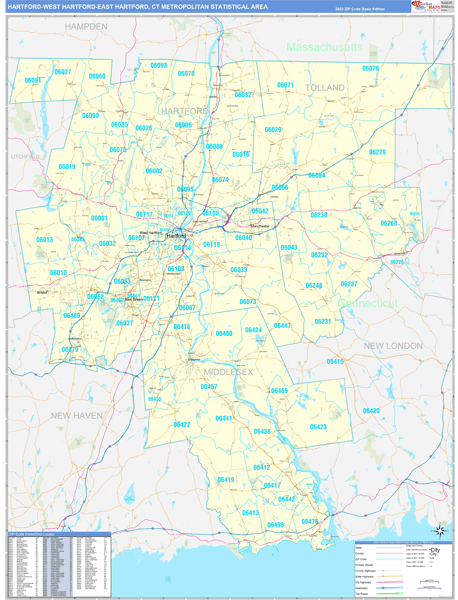 Hartford-West Hartford-East Hartford Metro Area Wall Map